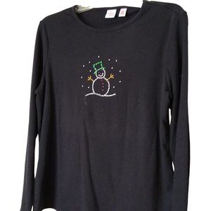 Wish for Joy Women's Black Tee with Rhinestone Snowman